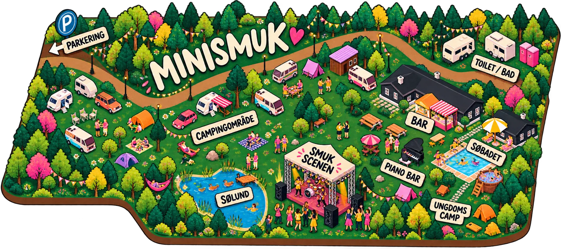Tegnet kort over MiniSmuk: parkering, campingområde, søen Sølund, Smuk Scenen, piano bar, ungdomscamp, søbadet, baren og toilet og bad, omgivet af skov.